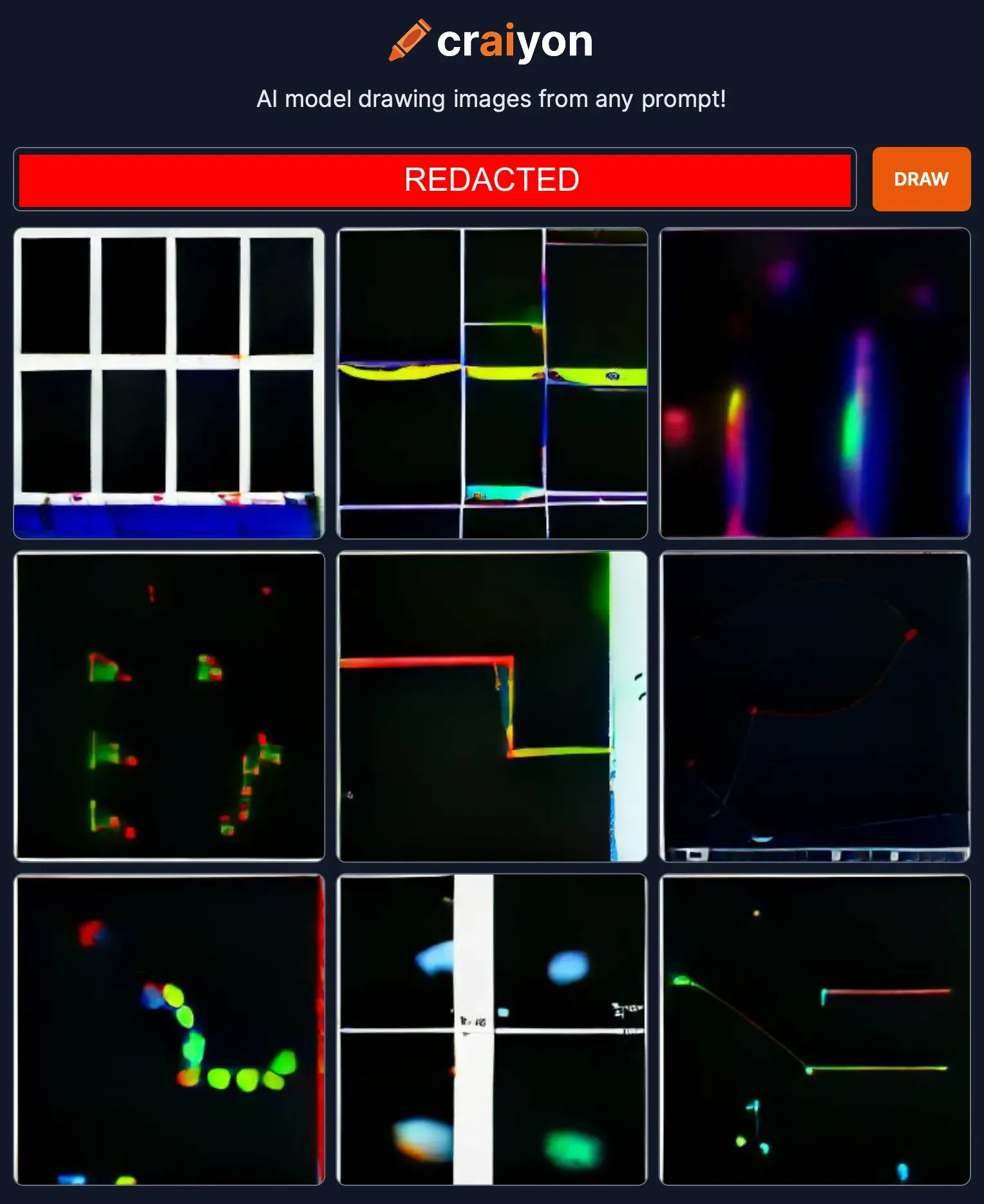 Grid of AI image outputs generated in response to the prompt, which has been redacted
