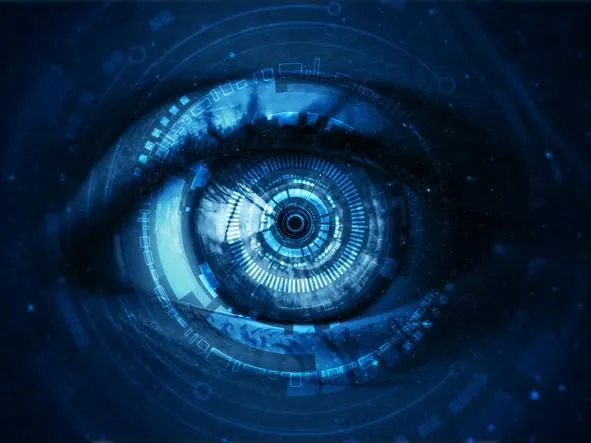 a blue eye with weird techy-looking things in the iris