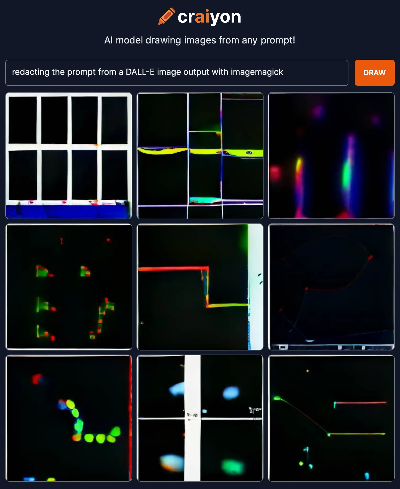 Grid of AI image outputs generated in response to the prompt "redacting the prompt from a DALL-E image output with imagemagick"