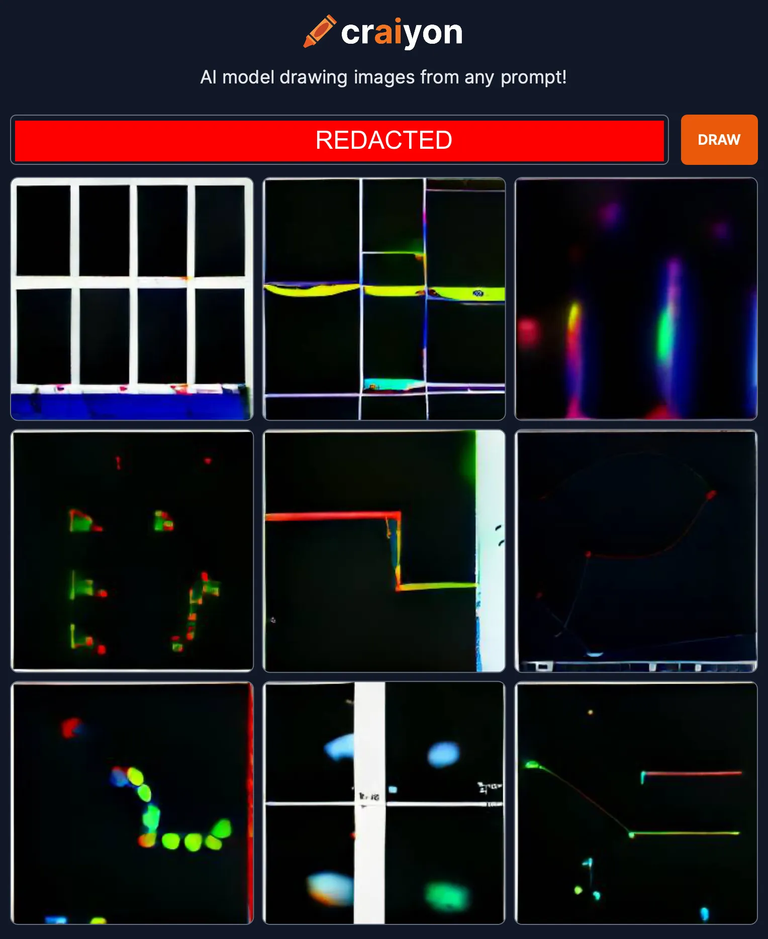 Grid of AI image outputs generated in response to the prompt, which has been redacted
