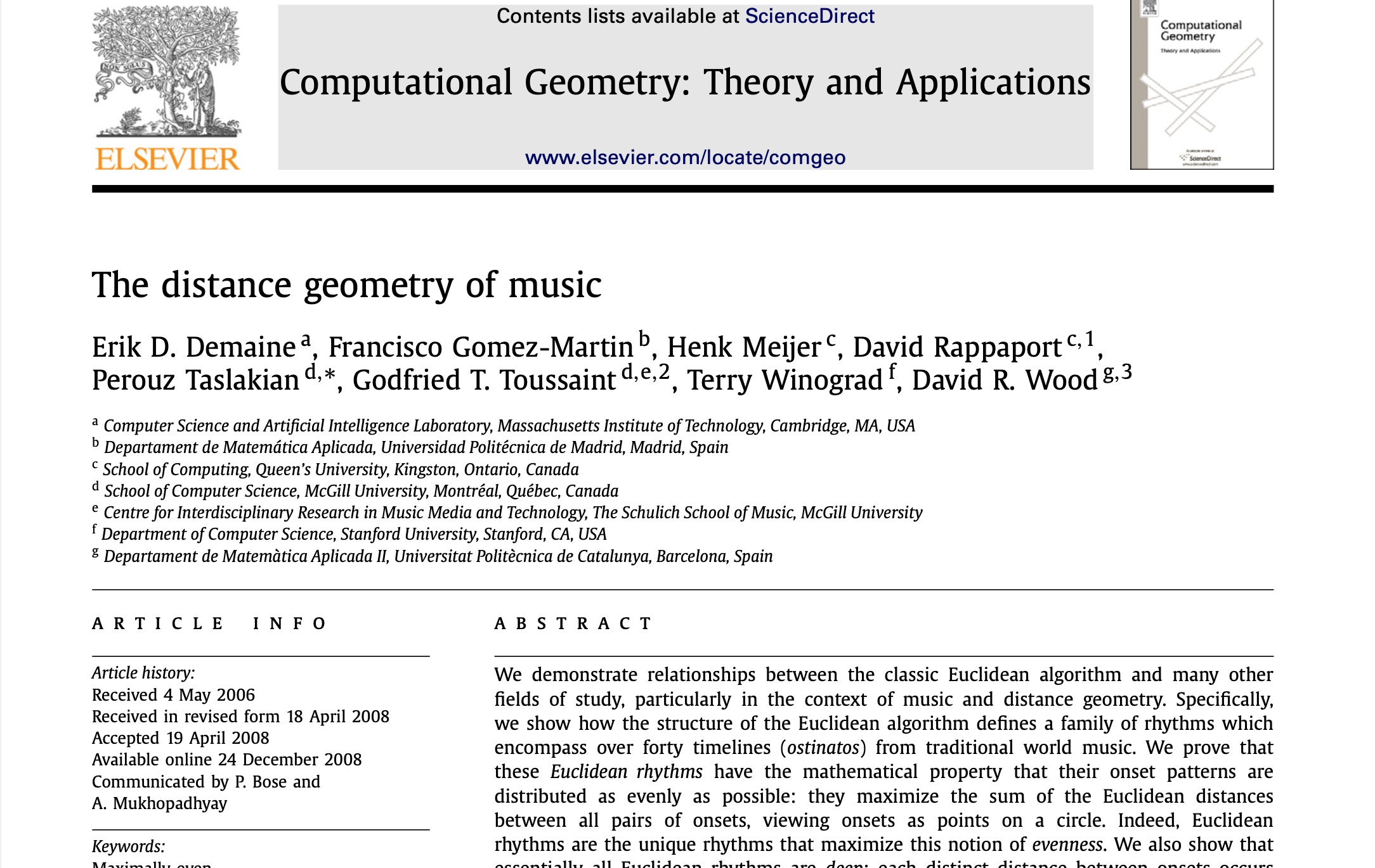 first page of 'distance geometry of music' paper